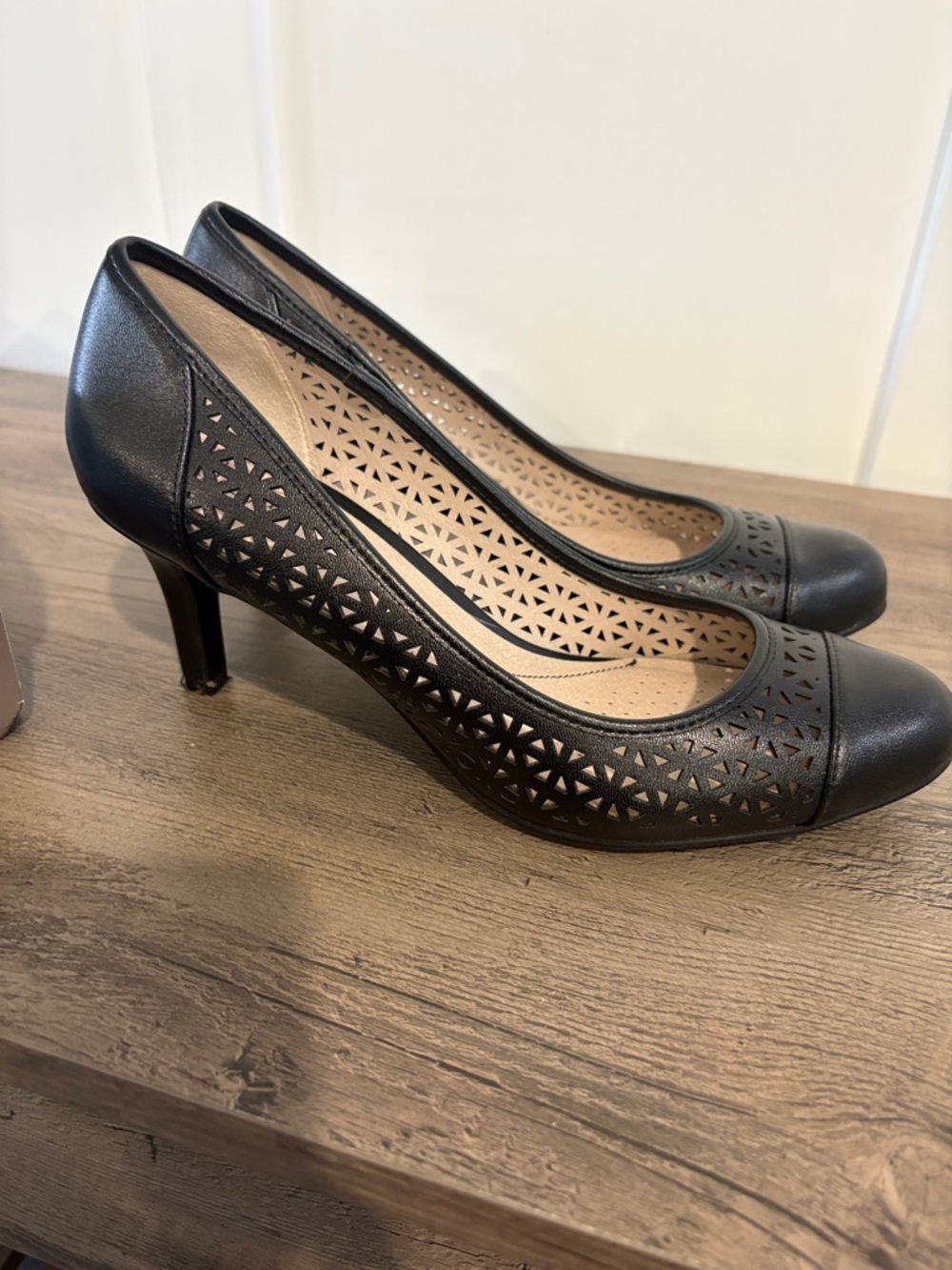 Life Stride Black Laser-Cut Mid Heel Pumps